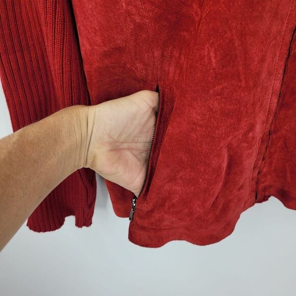 Vtg Red Ribbed Knit Long Sleeve Suede Sweater Jacket Shacket Sz L Cardigan Zip - Picture 7 of 11
